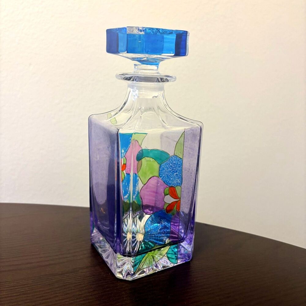 Hand Painted Italian Decanter Vintage Maryse Riches Milano Glass Made in Italy